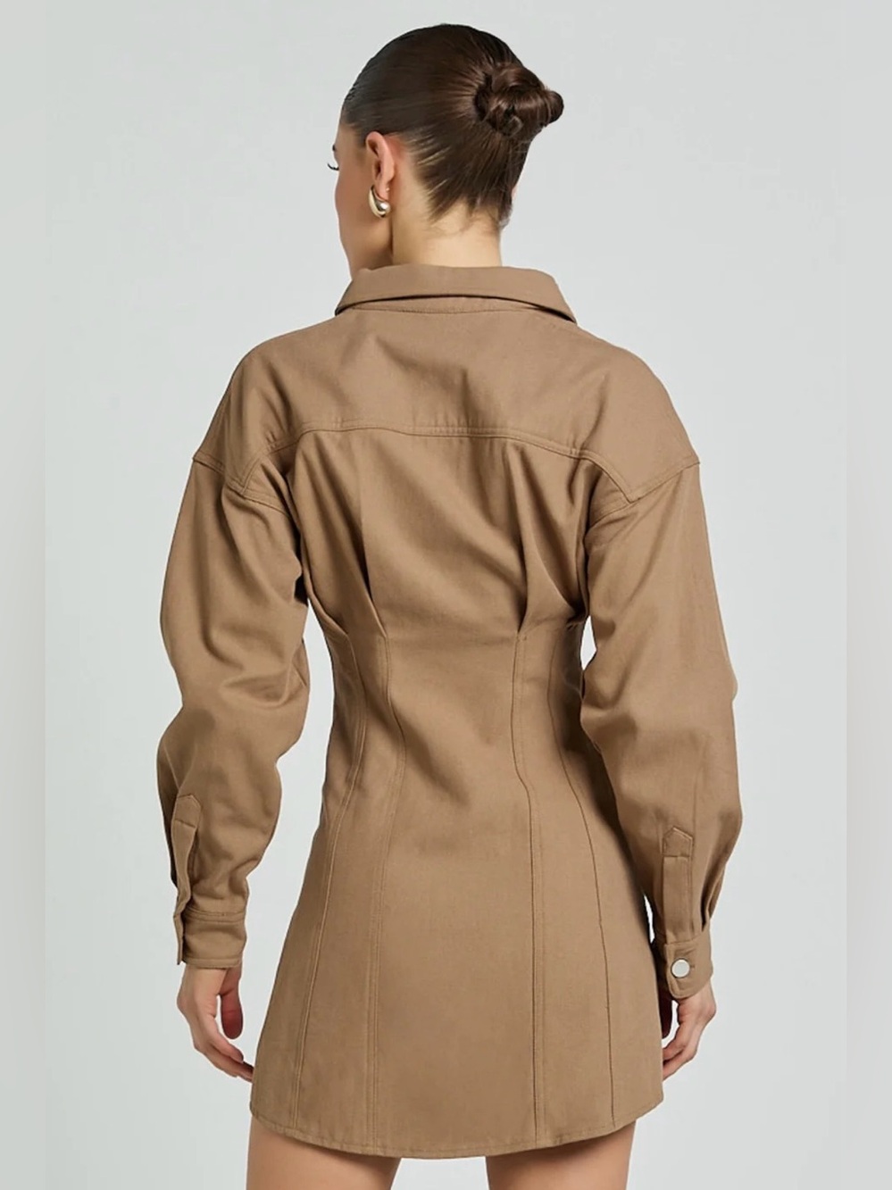 Showpo Sofia Button Through Long Sleeve Mini Dress In Mocha - Picture 3 of 8